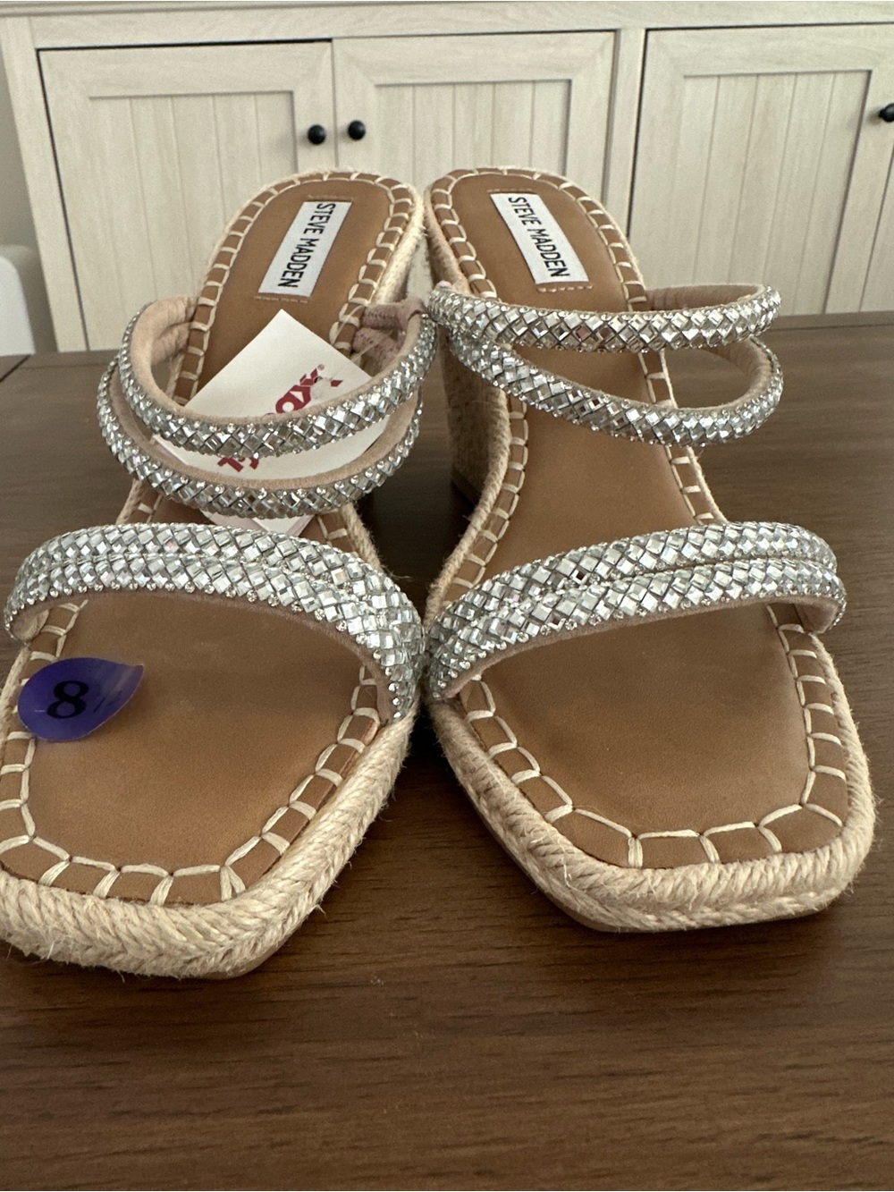 Steve Madden Tan Slide Sandals with Rhinestone Straps - Picture 2 of 5